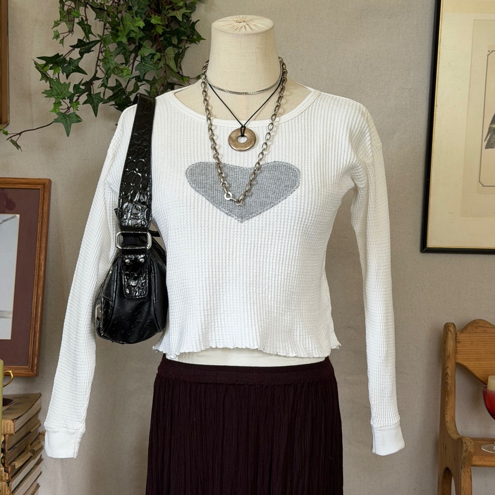 White Heart Patch Waffle Knit Top Y2K Coquette Vintage S/XS Girly Grunge Cute
